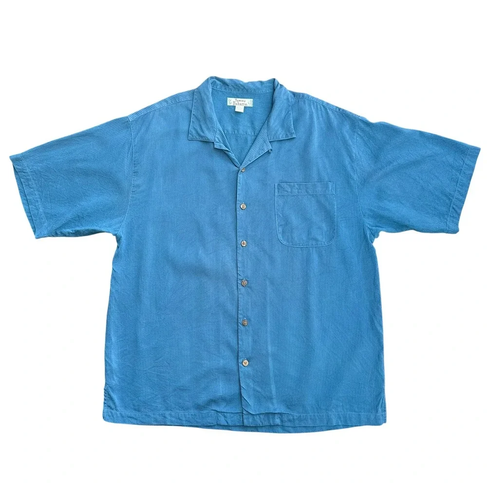Tommy Bahama Mens XL Blue 100% Silk Short Sleeve Camp Shirt Coconut Buttons